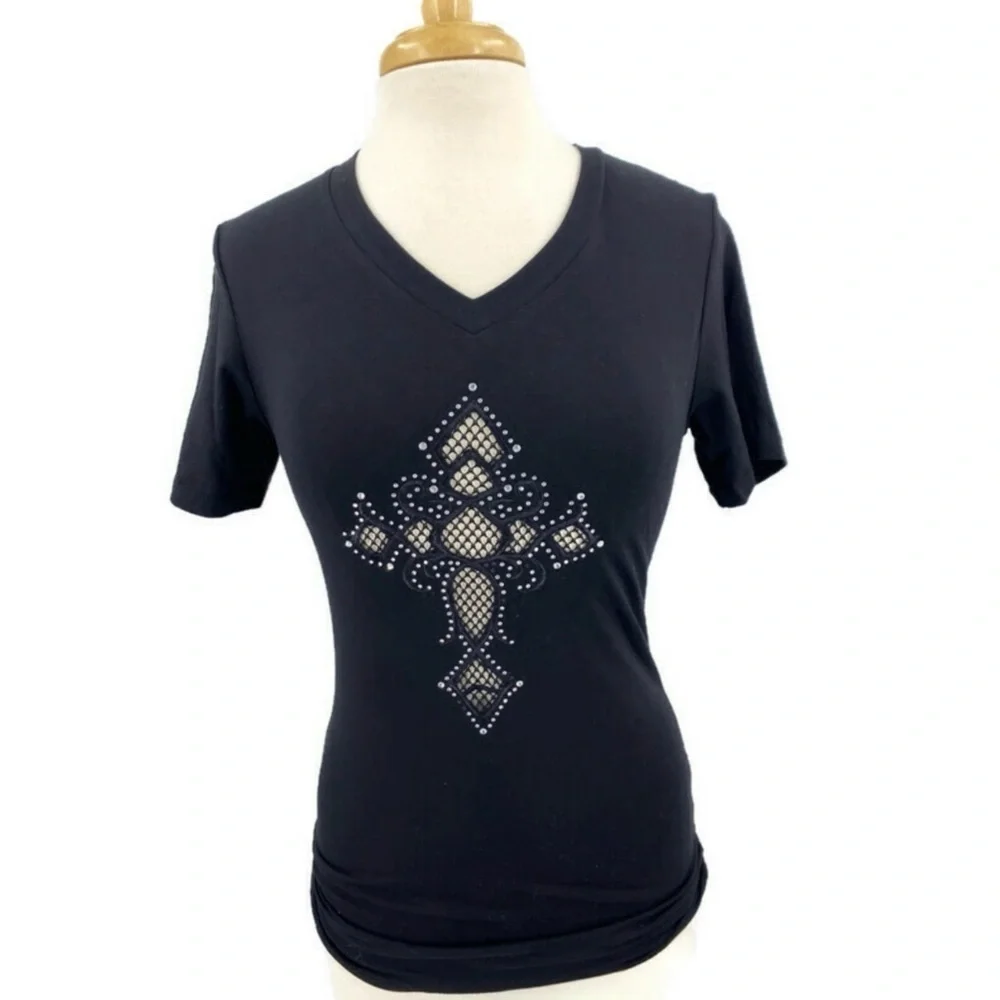 Tee Black Small Mesh See Through Cross Short Sleeve Rhinestones Biker Sexy NWT S - Picture 2 of 7